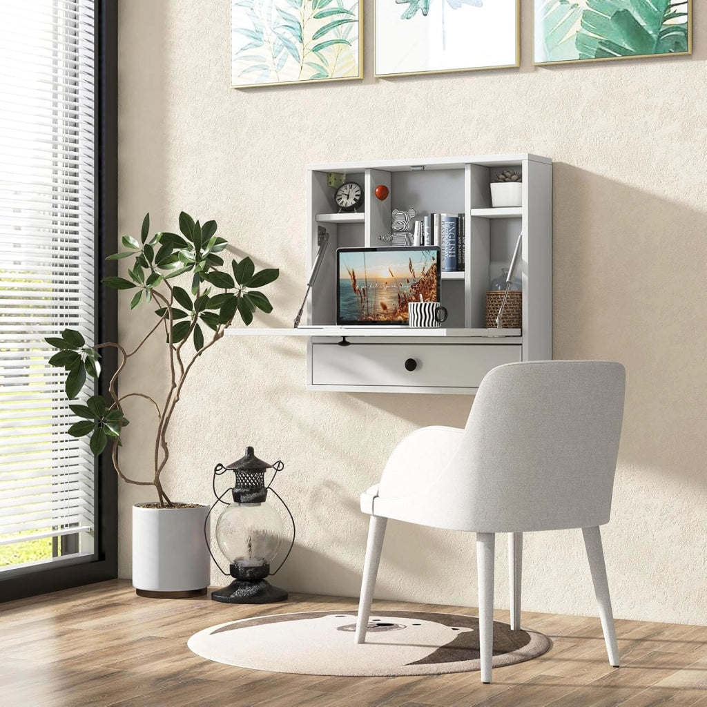 Tavolo da Parete Pieghevole in Legno Con Ripiani e Cassetti, Scrivania per Computer, Montaggio a Parete, 60 x 15 x 57 cm (Bianco)