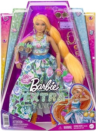 Barbie Extra Fancy, Bambola curvy con completo floreale da 2 pezzi, gattino, capelli lunghissimi e accessori, snodata, G