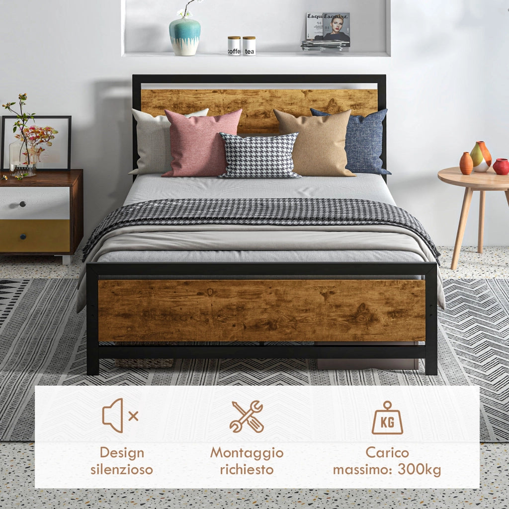Struttura Letto Una Piazza e Mezza in Legno e Acciaio con Doghe in Stile Industriale, 140x200cm