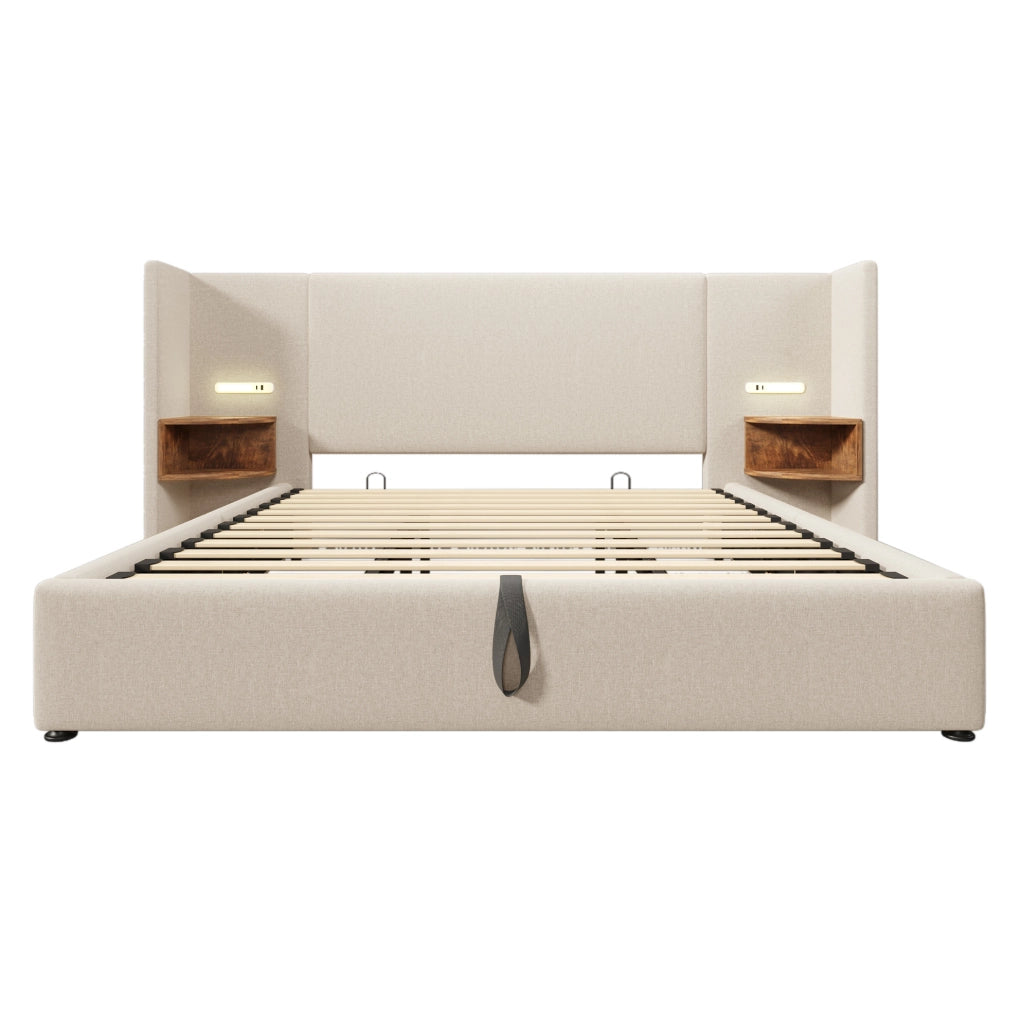 Letto contenitore 180x200 cm con testiera multifunzione; luce lettura e USB in lino beige