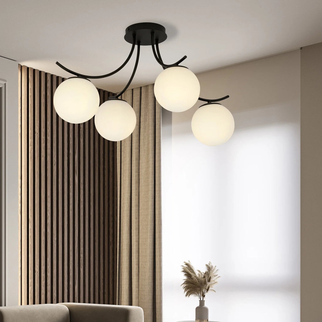 Plafoniera Moderna 4 Luci Coeo In Acciaio Nero E Diffusori In Vetro Opale