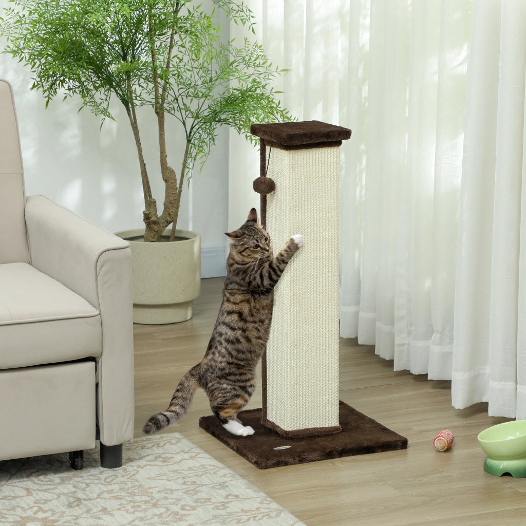 Tiragraffi per gatti in sisal e peluche con base stabile e palla sospesa ¨C zephmum ¨C marrone e crema 41x41x81 cm