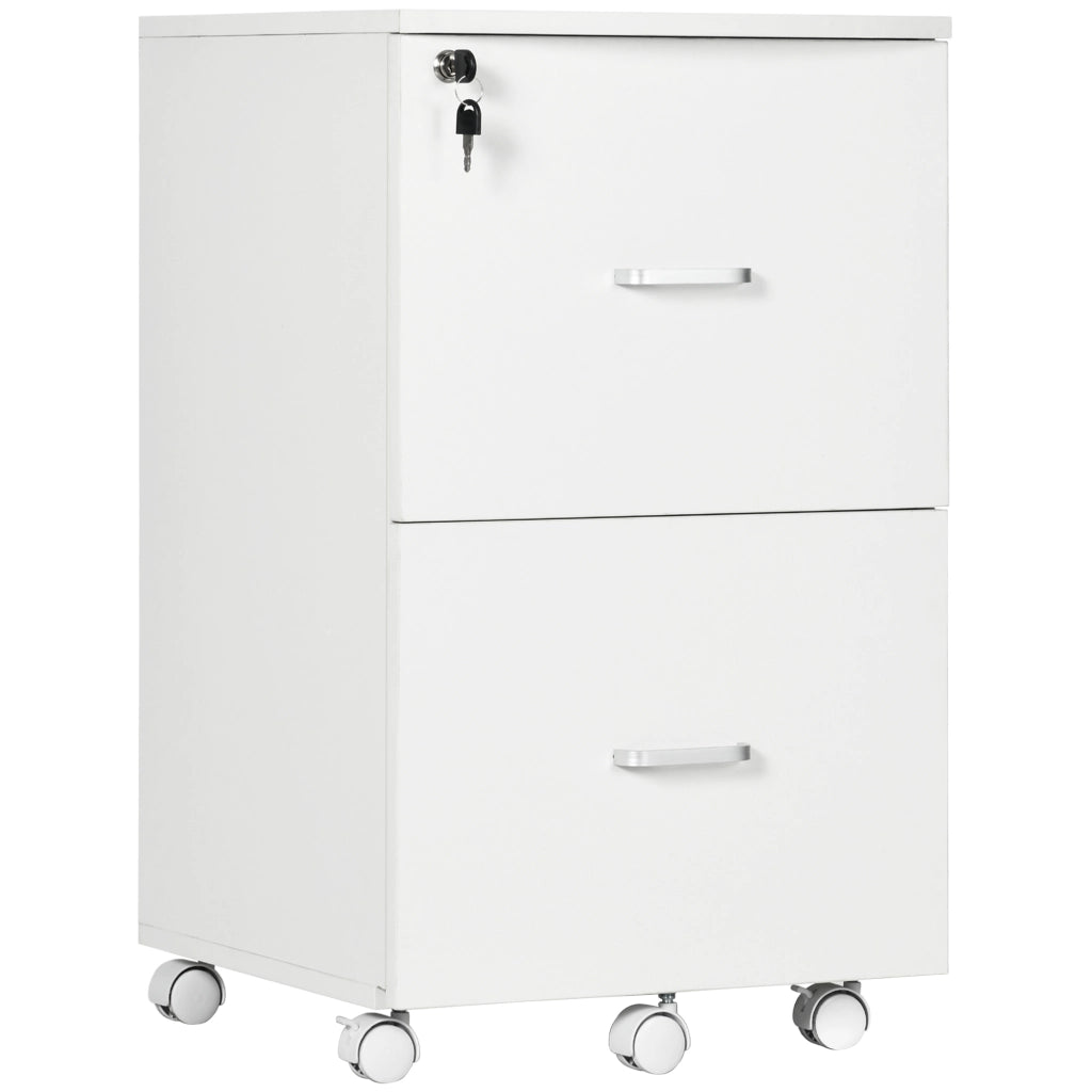 Armadietto da Ufficio con 2 Cassetti e 5 Ruote, Schedario in MDF e Truciolato, 43x45x72 cm, Bianco