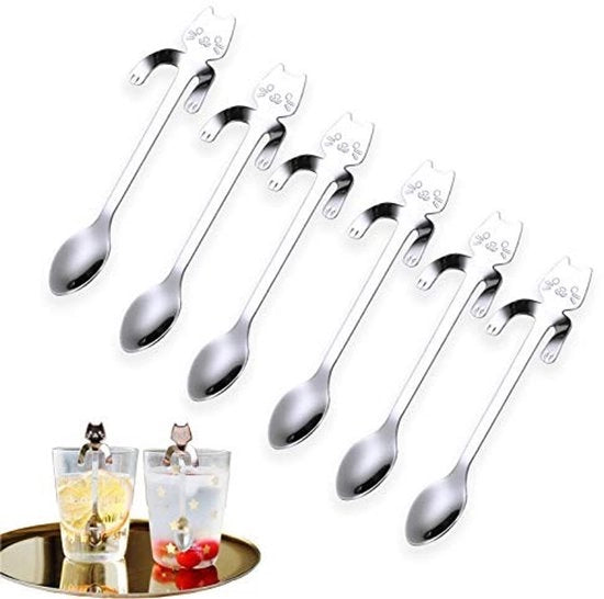 Set di cucchiai a forma di gatto in acciaio inossidabile 304 - 6 pezzi - cucchiaio da dessert - cucchiaio da tè - adatto per zucchero e panna