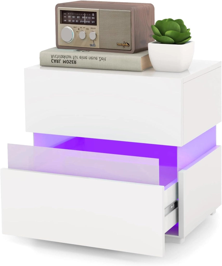 Comodino Camera da Letto con Luce LED, 22 Modalità di Luce, 10 Velocità, 5 Luminosità e Telecomando, Comodino Piccolo con 2 Cassetti,Tavolino Moderno per Soggiorno, Studio (2, Nero)