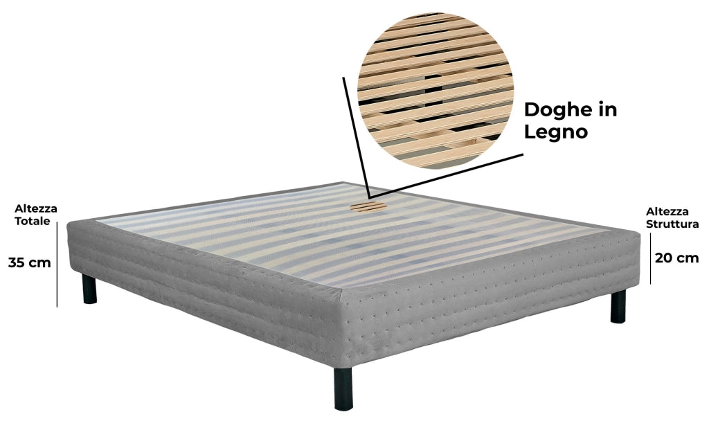 Letto Sommier Matrimoniale 160x190 cm a Rete Fissa in Legno e Simil Velluto Dormidea Grigio