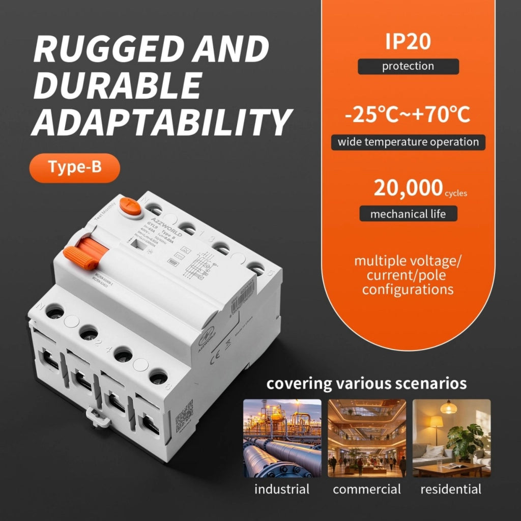 RCCB Interruttore Differenziale Puro Tipo B 3P+N 4M 10000A 30mA 63A AC 400V IP20 IEC61008-1 / IEC62423 GYL9