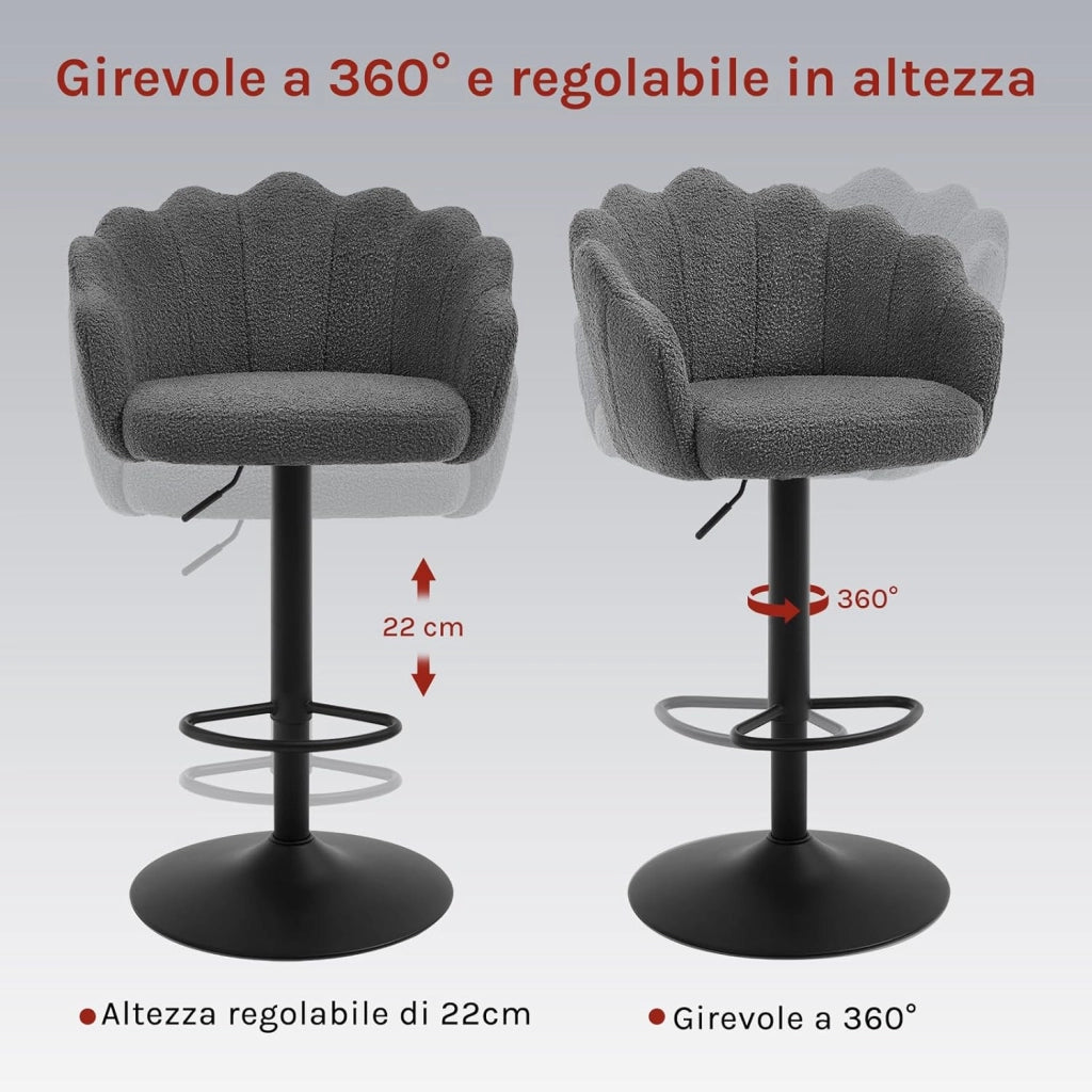 Sgabello Cucina, Regolabile e Girevole a 360°, Seduta in Tessuto Teddy, con Schienale e Poggiapiedi, per Cucina, Sala da Pranzo, Bar, Grigio scuro