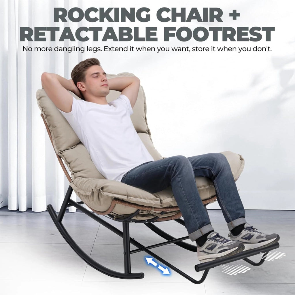 Sedia a dondolo, poltrona relax, struttura in acciaio, poggiapiedi estraibile, portata fino a 136 kg, per dormire, soggiorno, terrazza, giardino, marrone chiaro
