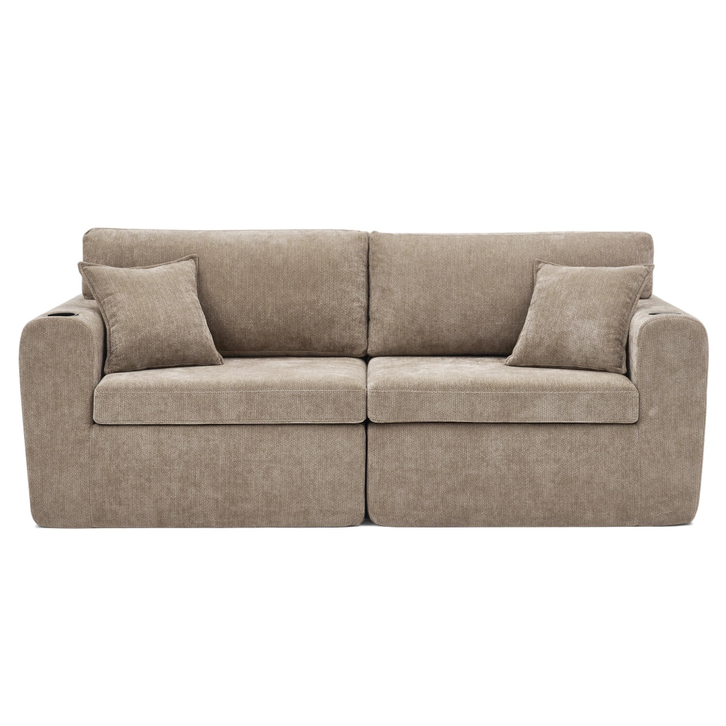 Divano 2 posti relax in chenille con USB; tasca laterale; portabevande e cuscini; marrone