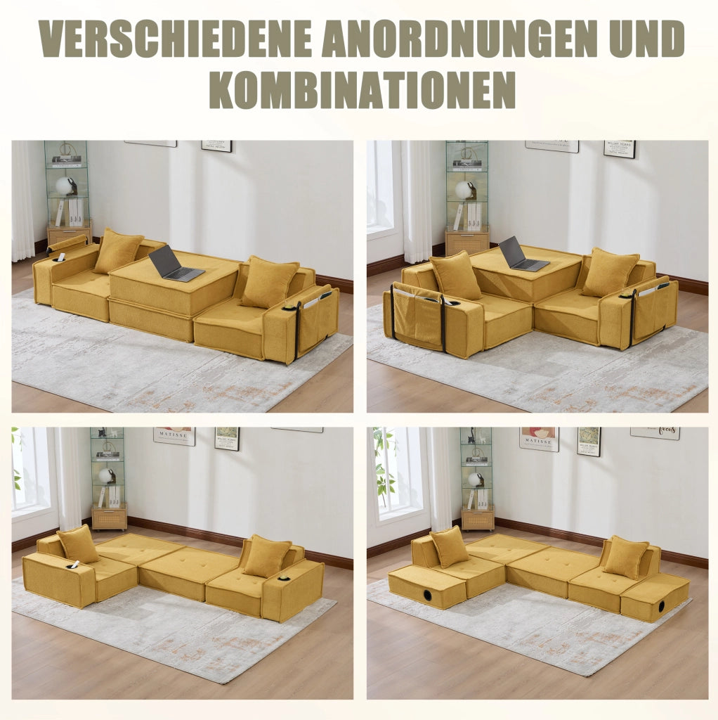 Pouf divano modulare in ciniglia giallo senape 162x78x66 cm con 2 cuscini e tasche laterali