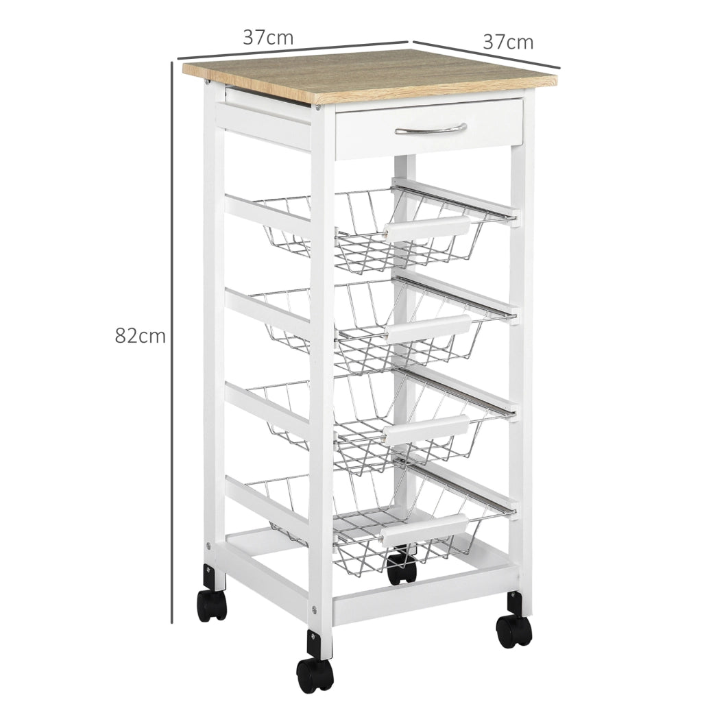 Carrello da cucina con ruote 4 ripiani ¨C Xylo ¨C metallo bianco con cassetto in legno di pino 37x37x82cm