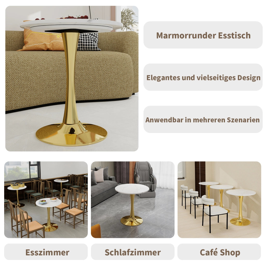 Tavolo da pranzo - rotondo 70 cm - stile mid-century - marmo venato bianco - per 2-4 persone - dorato