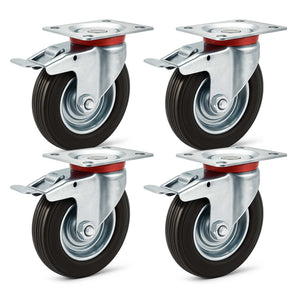 Set 4 ruote piroettanti, freno doppio blocco, Rotella 160mm max 130kg, metallo e gomma piena