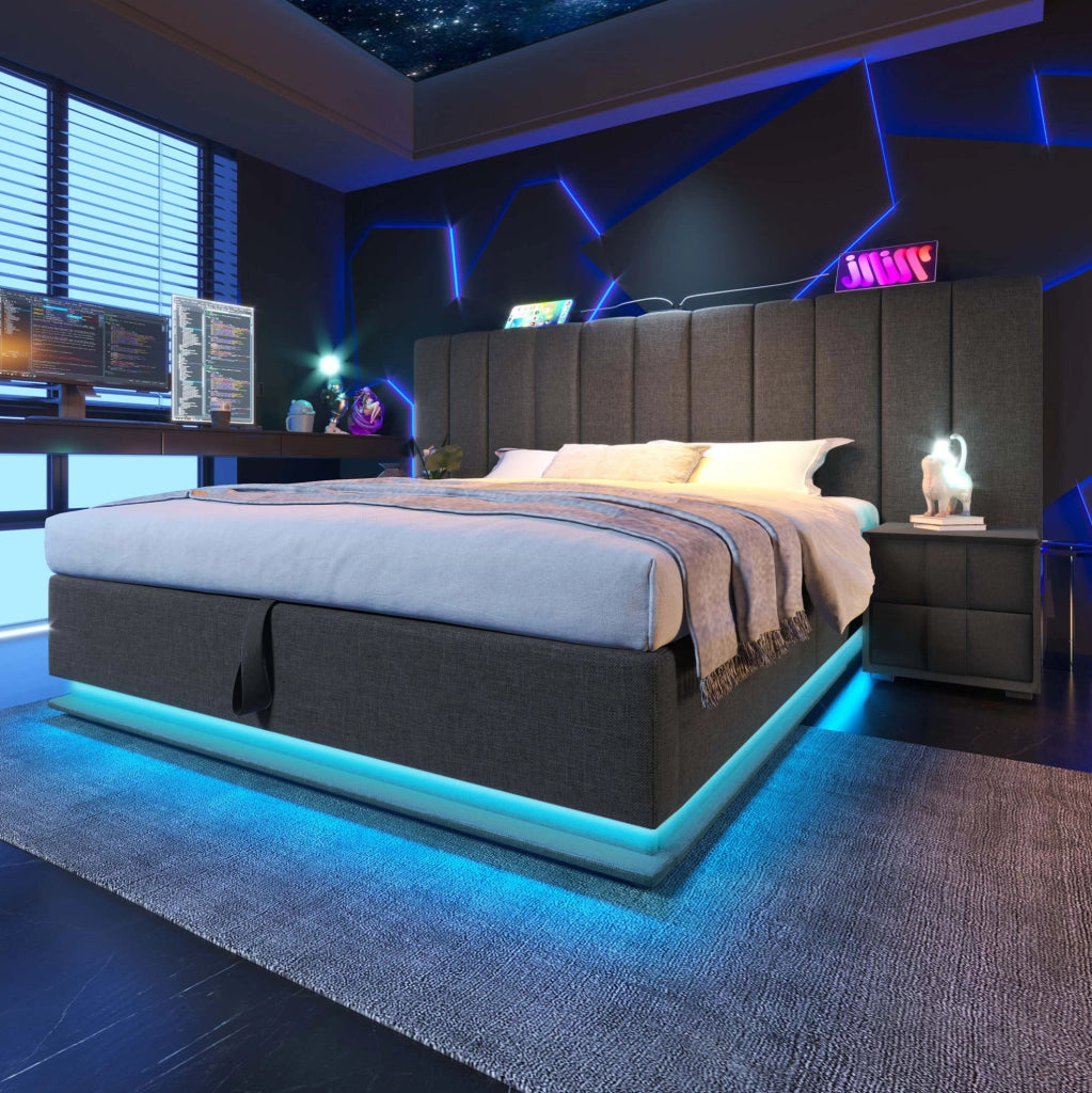 Letto imbottito 160x200 cm con contenitore; LED 360°; USB e Type-C; lino grigio