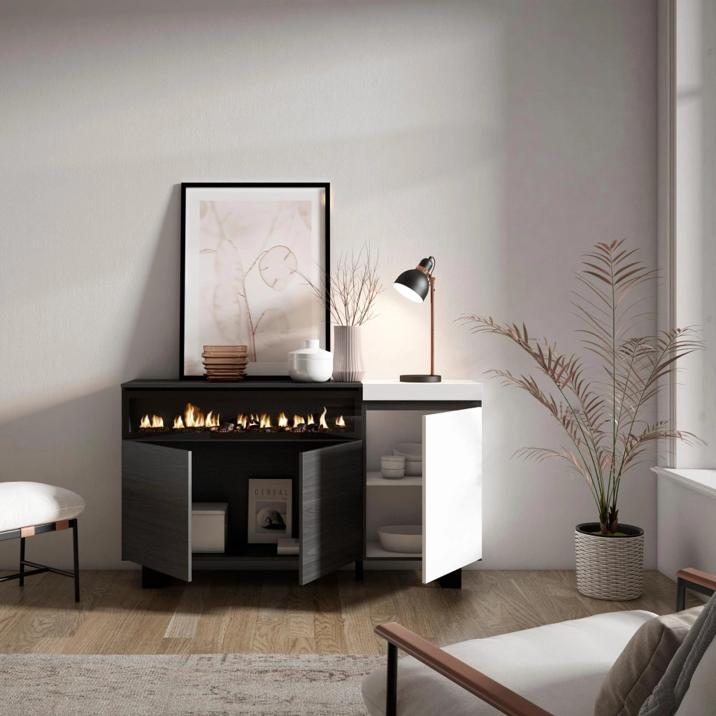 Credenza, Mobile, 150x35x87cm, 3 Porte, Camino elettrico, Design industriale, Bianco e nero RF2503