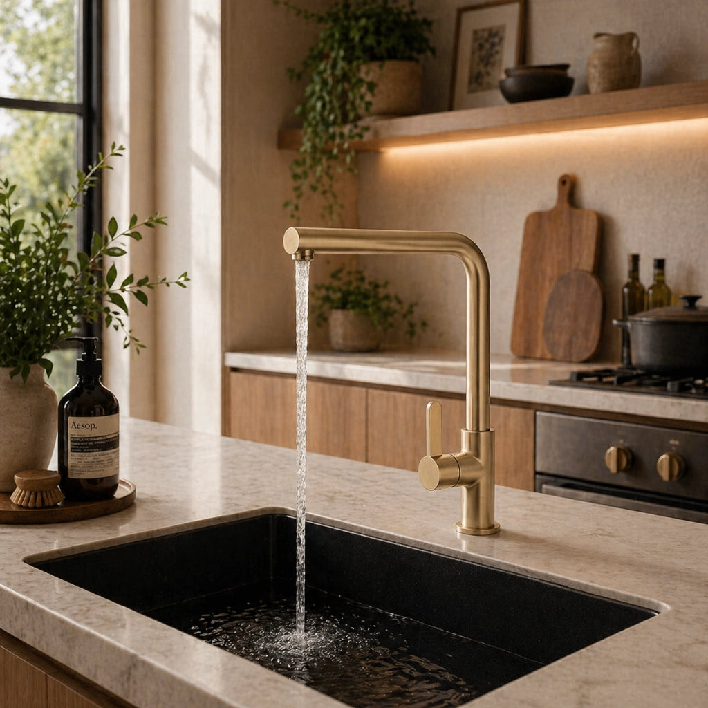 Rubinetto Cucina Oro Satinato Canna Alta Quadrata Girevole Miscelatore Lavello 94029