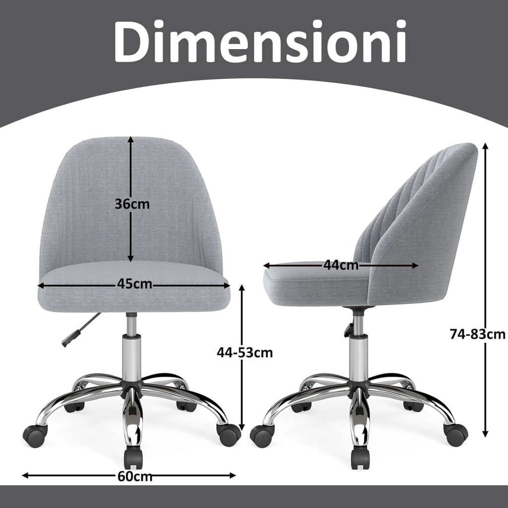Sedia da Ufficio, Sedia da Scrivania Moderna senza Braccioli, con Schienale Curvo e Seduta Imbottita, Regolabile in Altezza con Rotelle Lisce per Camera da Letto (Grigio)