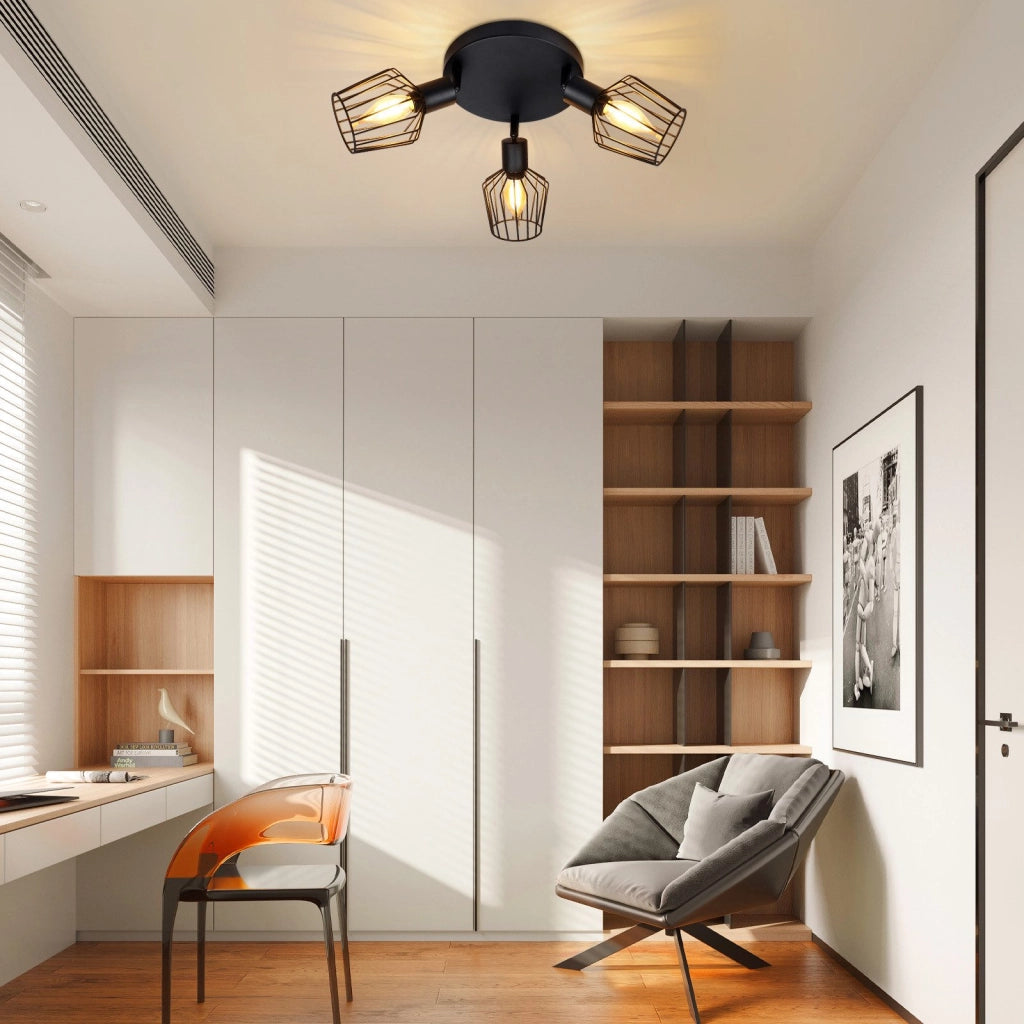 ZMH Lampada da soffitto 3 faretti E14 metallo nero rotonda orientabili 350° stile industriale per corridoio soggiorno