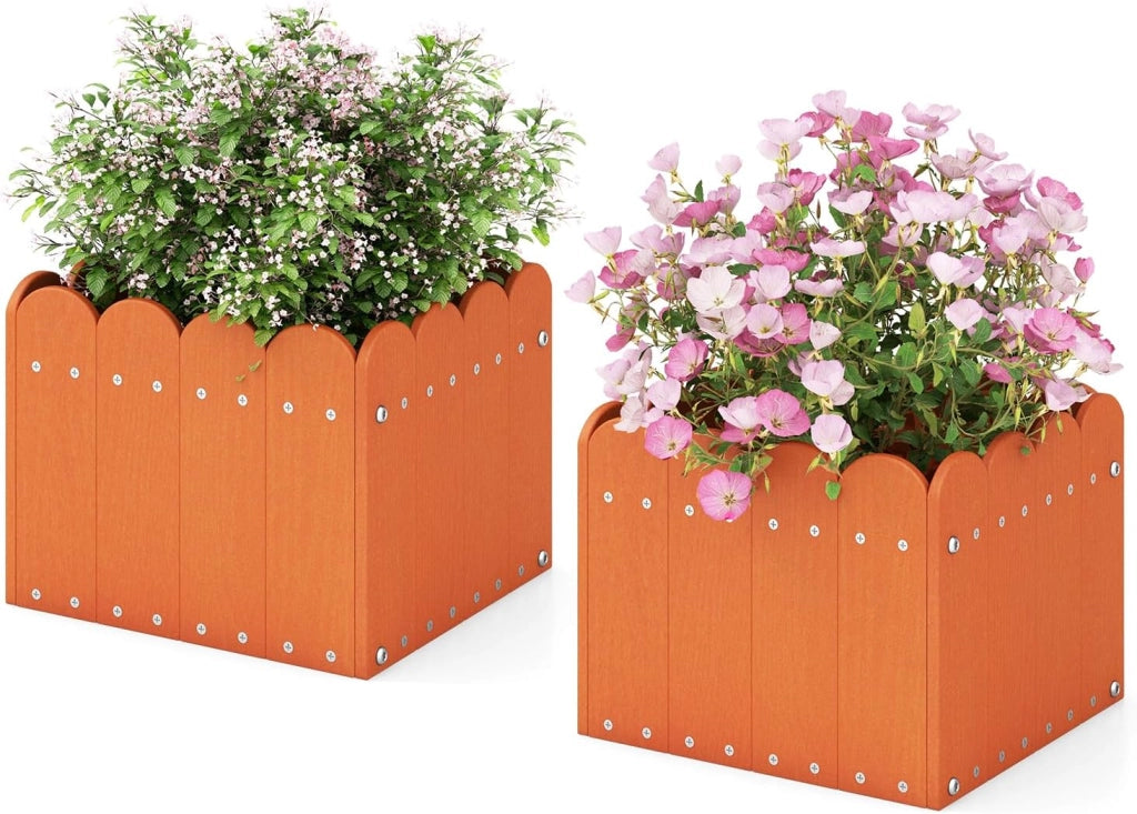 Set di 2 Fioriere Quadrate, Aiuola Rialzata in HDPE Resistente alle Intemperie con Aperture di Drenaggio, Letto Rialzato per Verdure, Fiori e Frutta per Giardino e Balcone (Arancione)