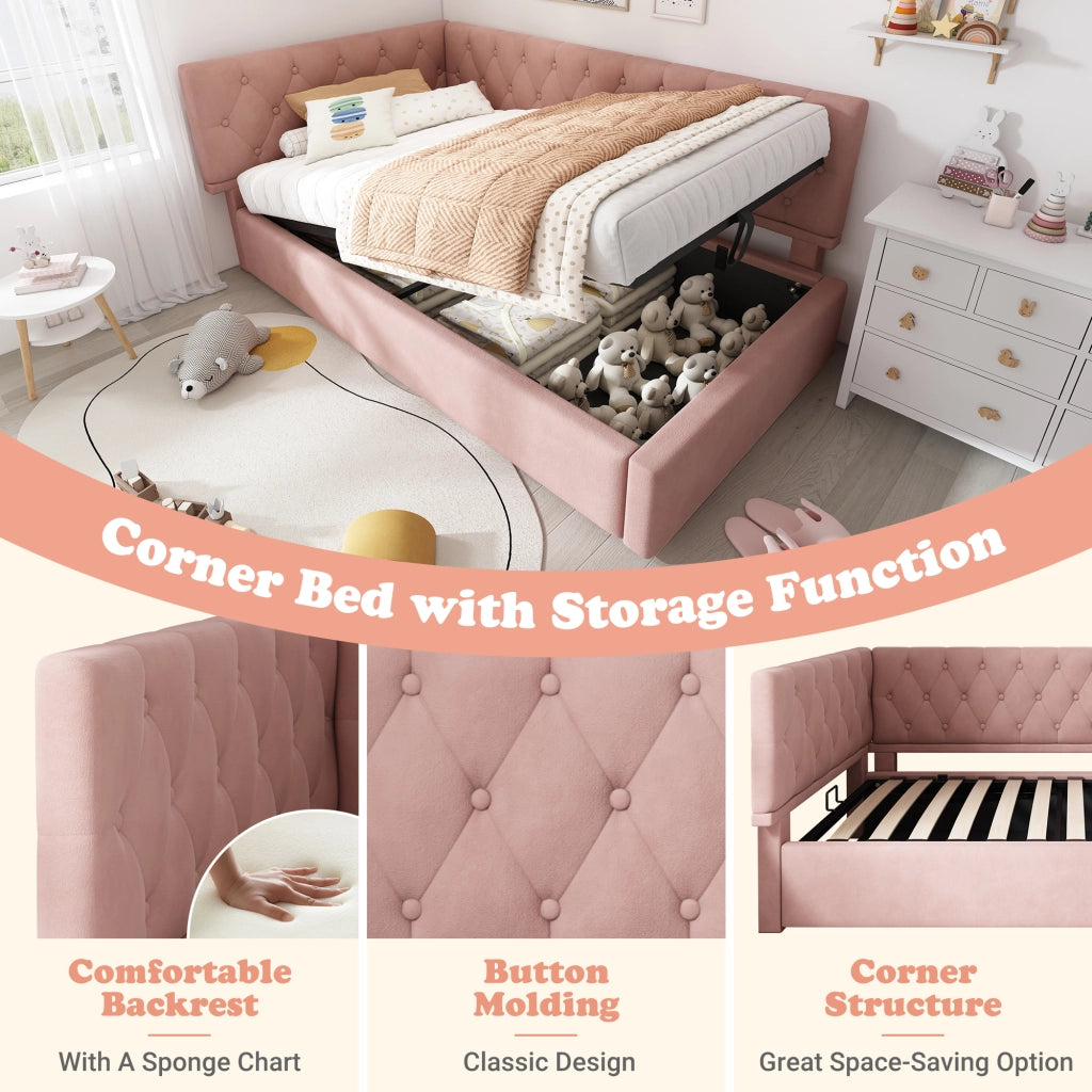 OKWISH Letto a Divano 90×190 cm, Letto Singolo con Contenitore, Testiera Reversibile e Rivestimento in Velluto, senza Materasso, Rosa