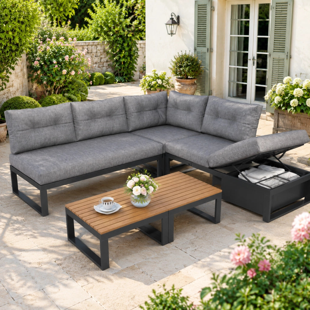 Divano Modulare da Giardino con Tavolino; Schienale Regolabile a 3 Posizioni; Poliestere; Grigio