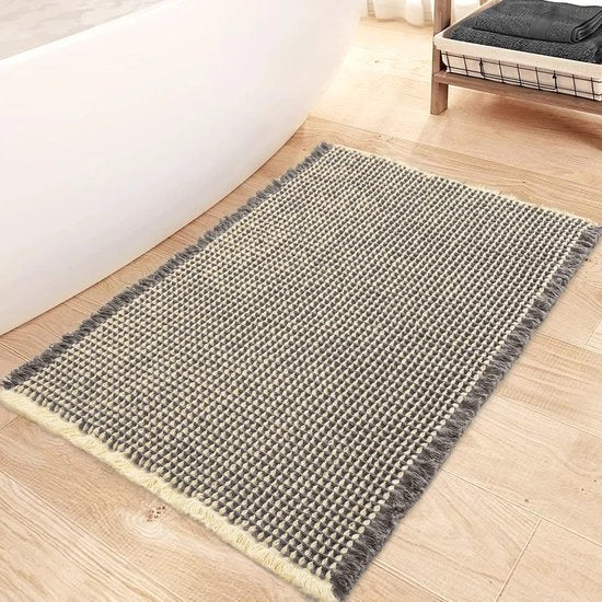 Matte da bagno a forma di waffle, 43 x 61 cm, assorbente e antiscivolo, lavabile in macchina, mattonelle da bagno comode con pennellate, mattonella da bagno stile boho per pavimento bagno (grigio scuro e beige)