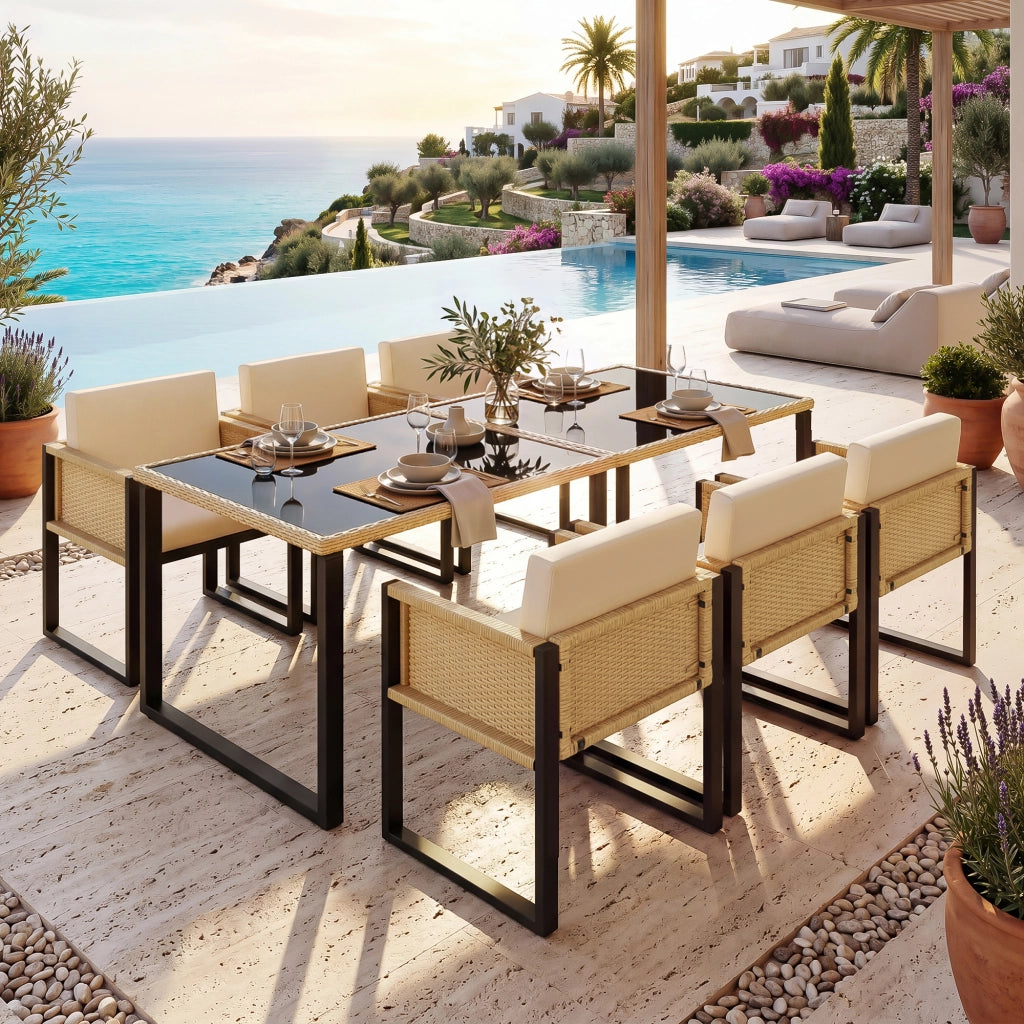 Set da pranzo da giardino con tavolo e 6 sedie in rattan PE con vetro temperato e cuscini sfoderabili