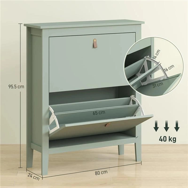 SCARPIERA SLIM 2 CASSETTI PER 14 PAIA DI SCARPE TAGLIA EU44 E RIPIANI REGOLABILI 80X24X95.5 CM VERDE