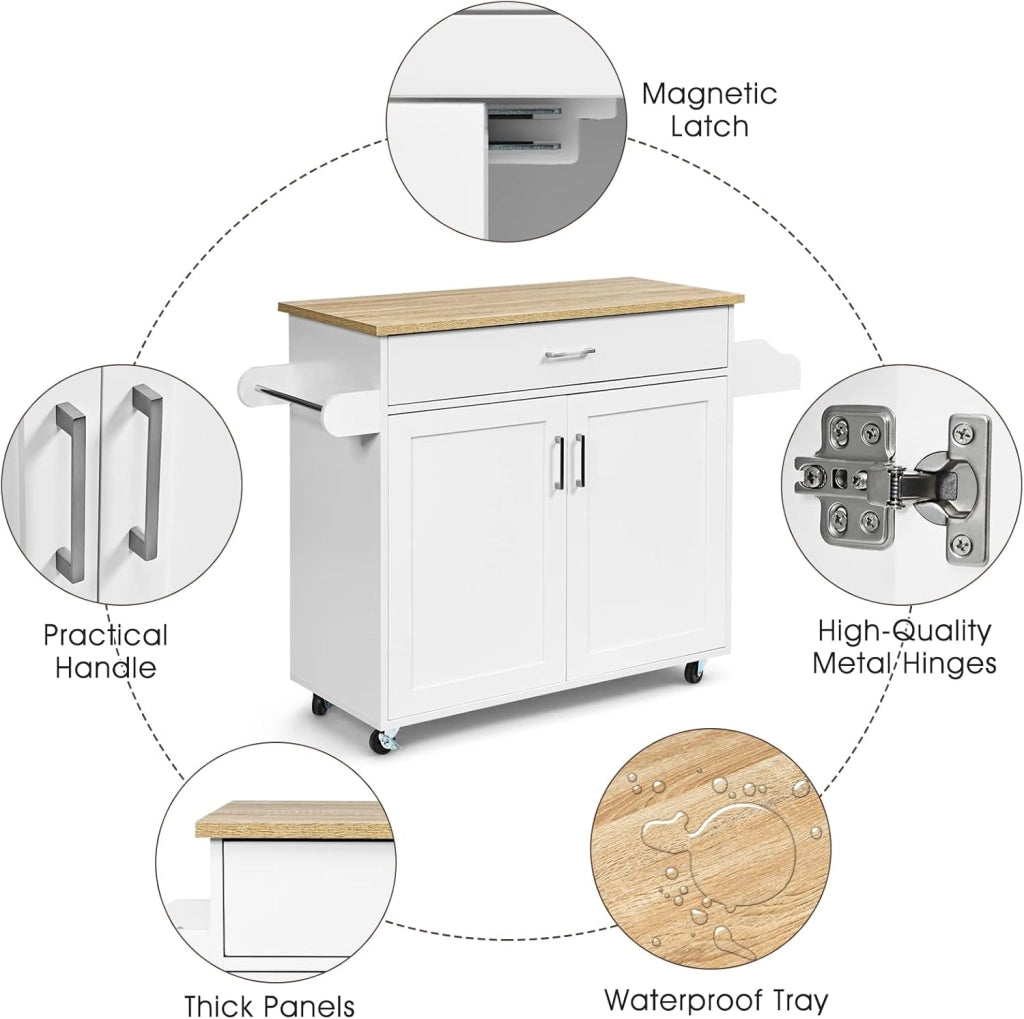Carrello da Cucina, Credenza Mobile con Cassetto, Anta Doppia, Portaspezie e Portasciugamano, Ripiani Regolabili, Ruote con Freni, Portata di 50 kg, 116x40x85 cm, 4 Colori (bianco)