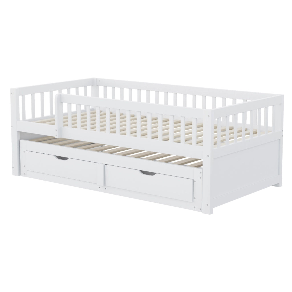 Divano letto 90x200 cm; letto estraibile e 2 cassetti; legno; bianco