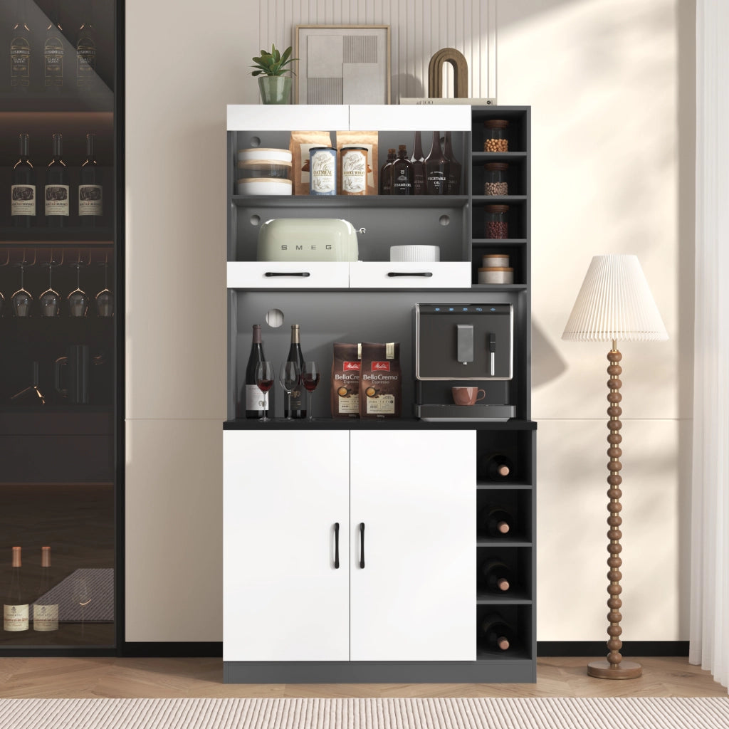 Mobile colonna da cucina con vano per microonde; ripiani regolabili e LED grigio e bianco 100 × 47 × 187 cm
