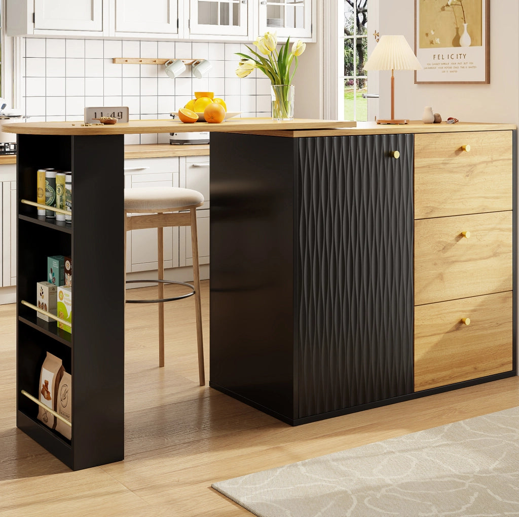 Tavolo bar allungabile e girevole 360° con vano snack, 3 cassetti e ripiani, MDF nero