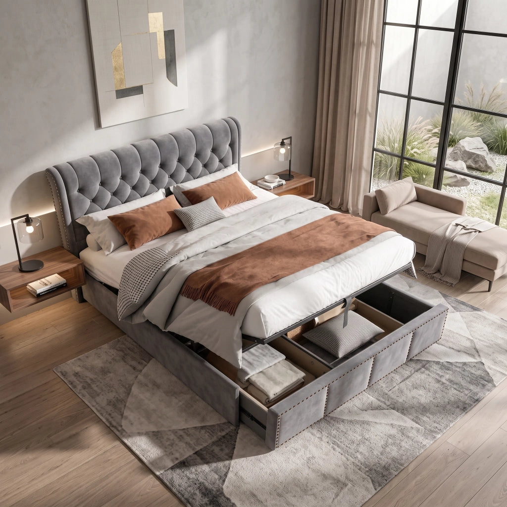 Letto matrimoniale contenitore 160x200 cm con testiera imbottita vano contenitore idraulico rete a doghe e borchie in velluto-grigio