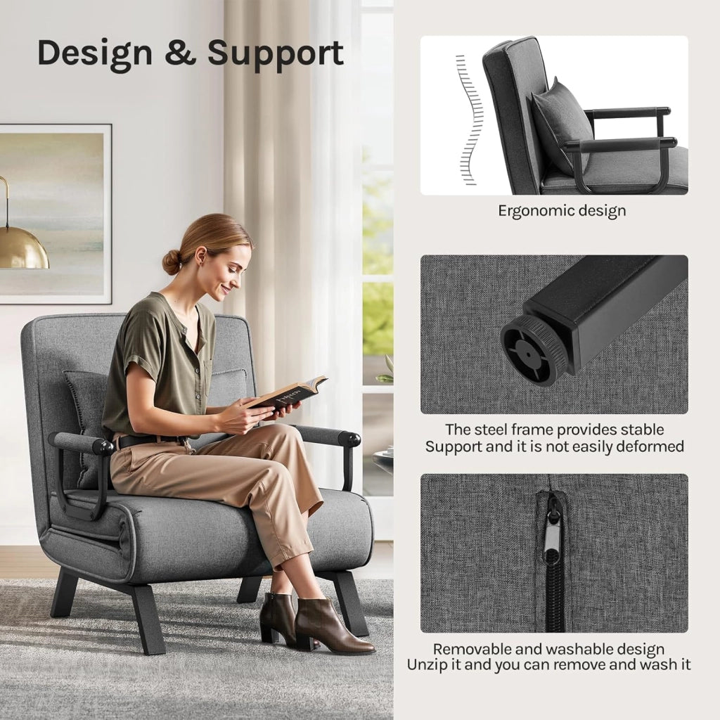 Poltrona Relax Reclinabile Convertibile, Divano Letto Trasformabile 3 in 1, con Schienale Regolabile in 5 Posizioni, Cuscino Rimovibile, Seduta Imbottita, 80x74x82cm, Grigio Scuro