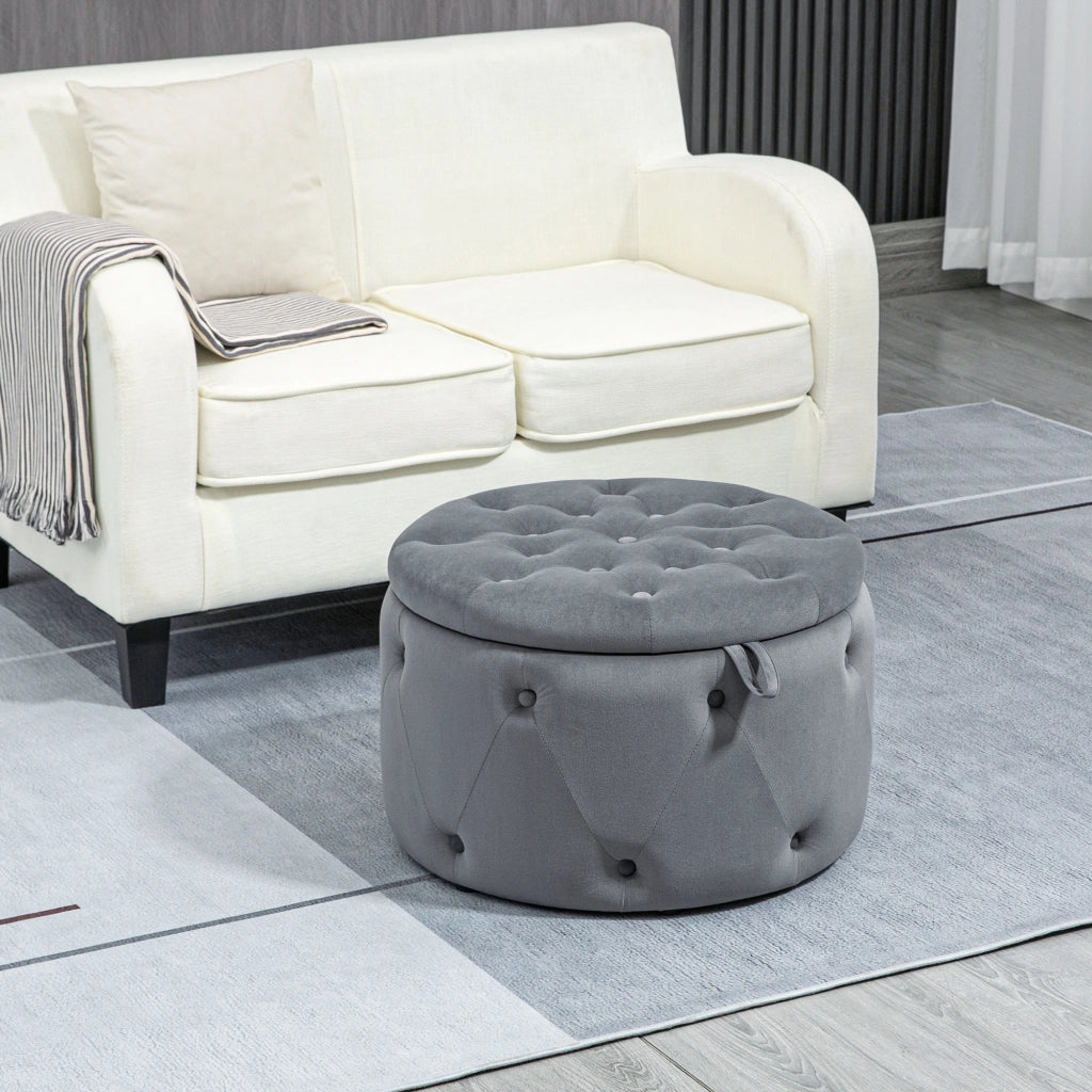 Pouf contenitore rotondo con coperchio e seduta imbottita in poliestere grigio per soggiorno e camera Ø60 × 40 cm