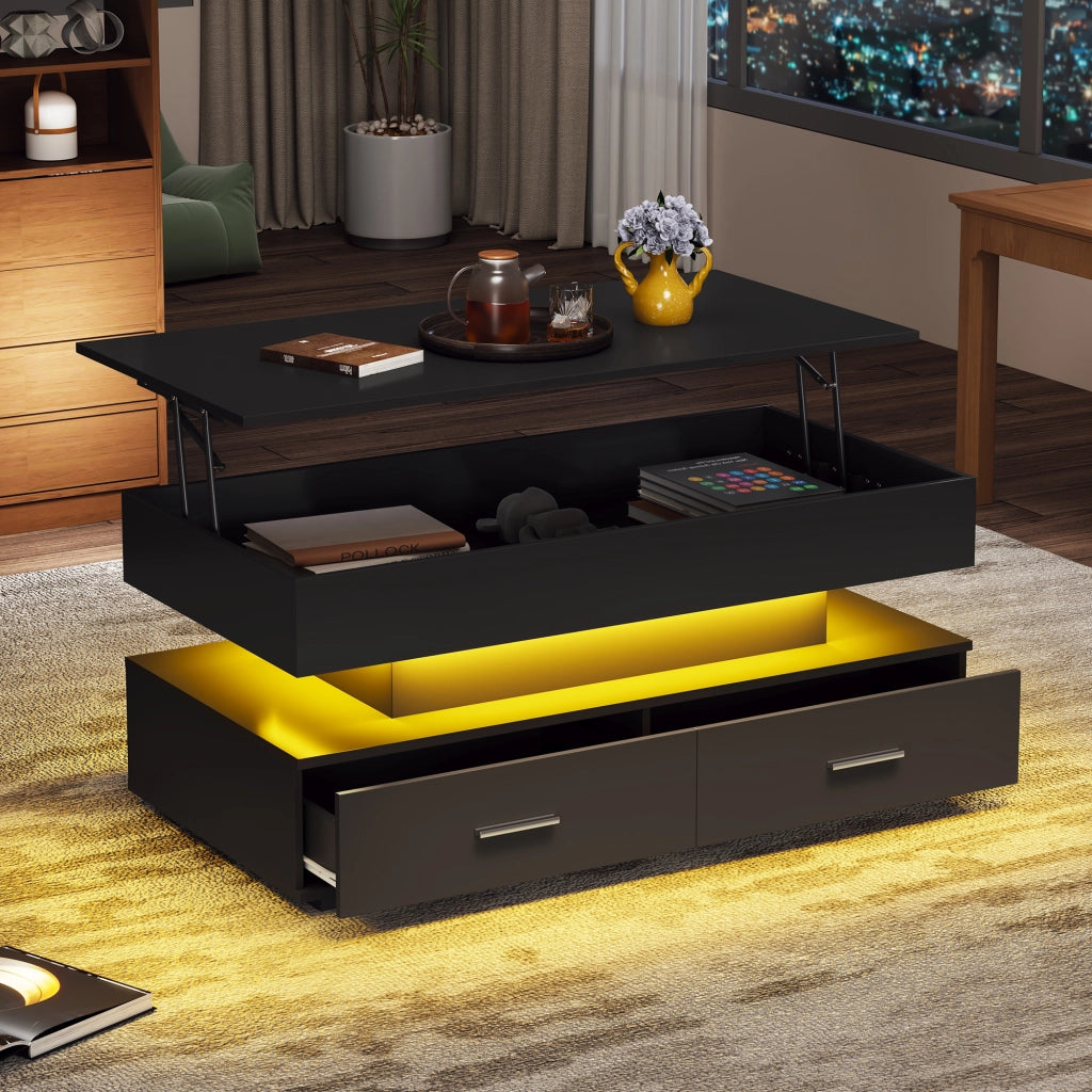 Tavolino basso sollevabile con LED e Bluetooth, 2 cassetti, vano aperto e vano nascosto, per soggiorno, nero, 100 × 50 × 44 cm