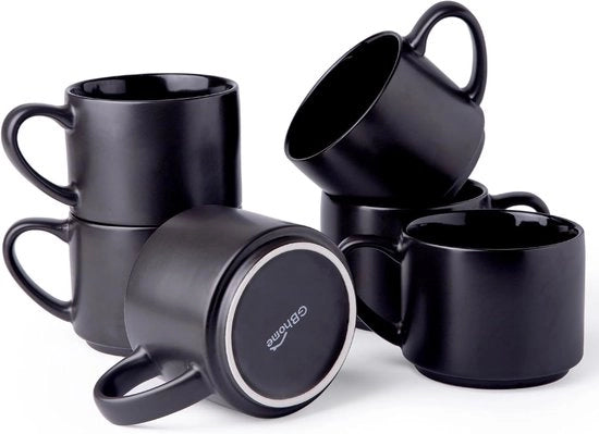 Set di tazze ceramica stapelabili da 6 pezzi, 400 ml, per donne e uomini, tazze moderne con fondo solido per latte, tè e cappuccino, resistenti al lavastoviglie e al microonde, colore mattonato nero.