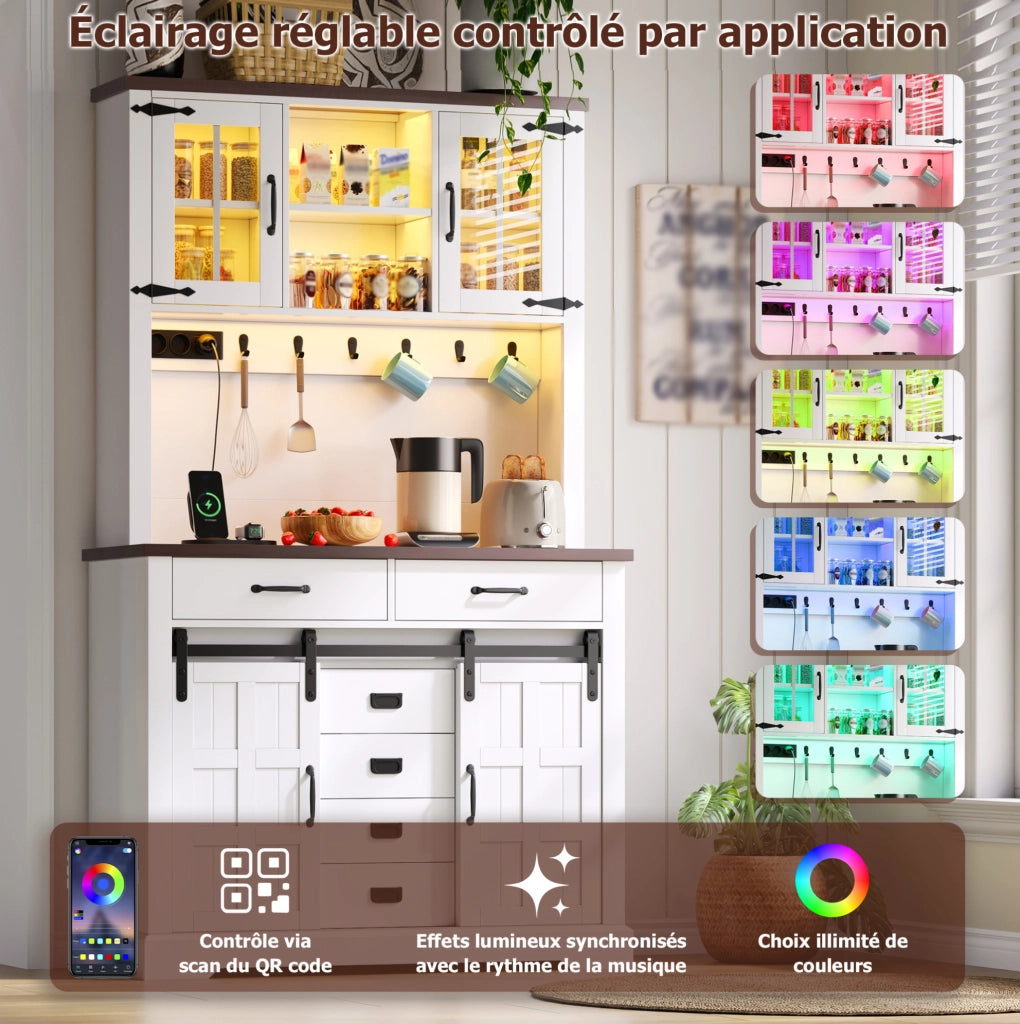 Credenza da cucina multifunzionale con LED RGB; prese USB; 108x40x180 cm; bianco; MDF