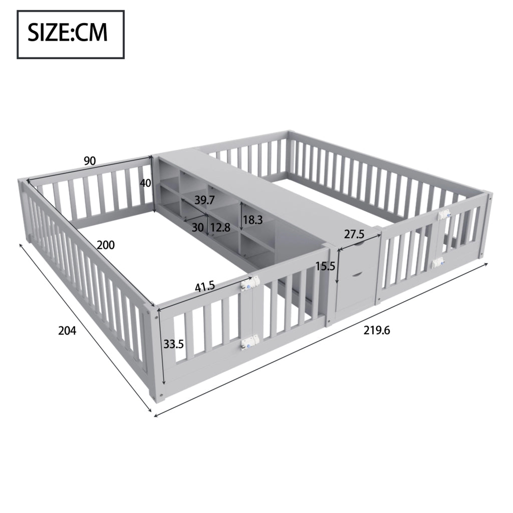 Letto doppio per bambini 90x200 cm con cassetti e ripiani in pino, compensato e MDF grigio