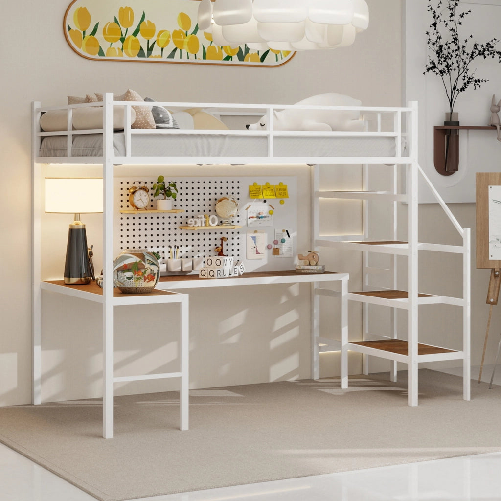 Letto a castello bianco con scrivania ad L funzione contenitore in ferro 90x190 cm