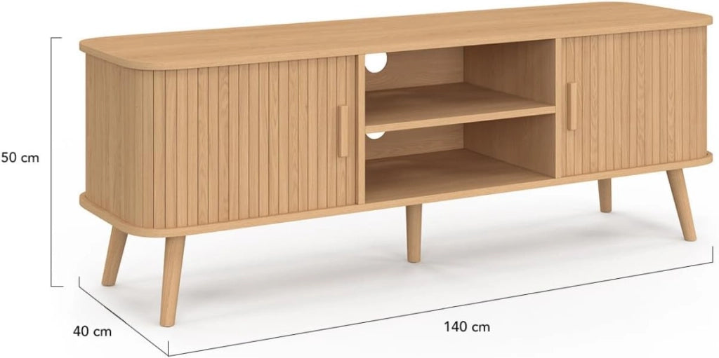 Mobile TV ROMIE 140 cm con 2 ante scorrevoli, doghe in legno color rovere