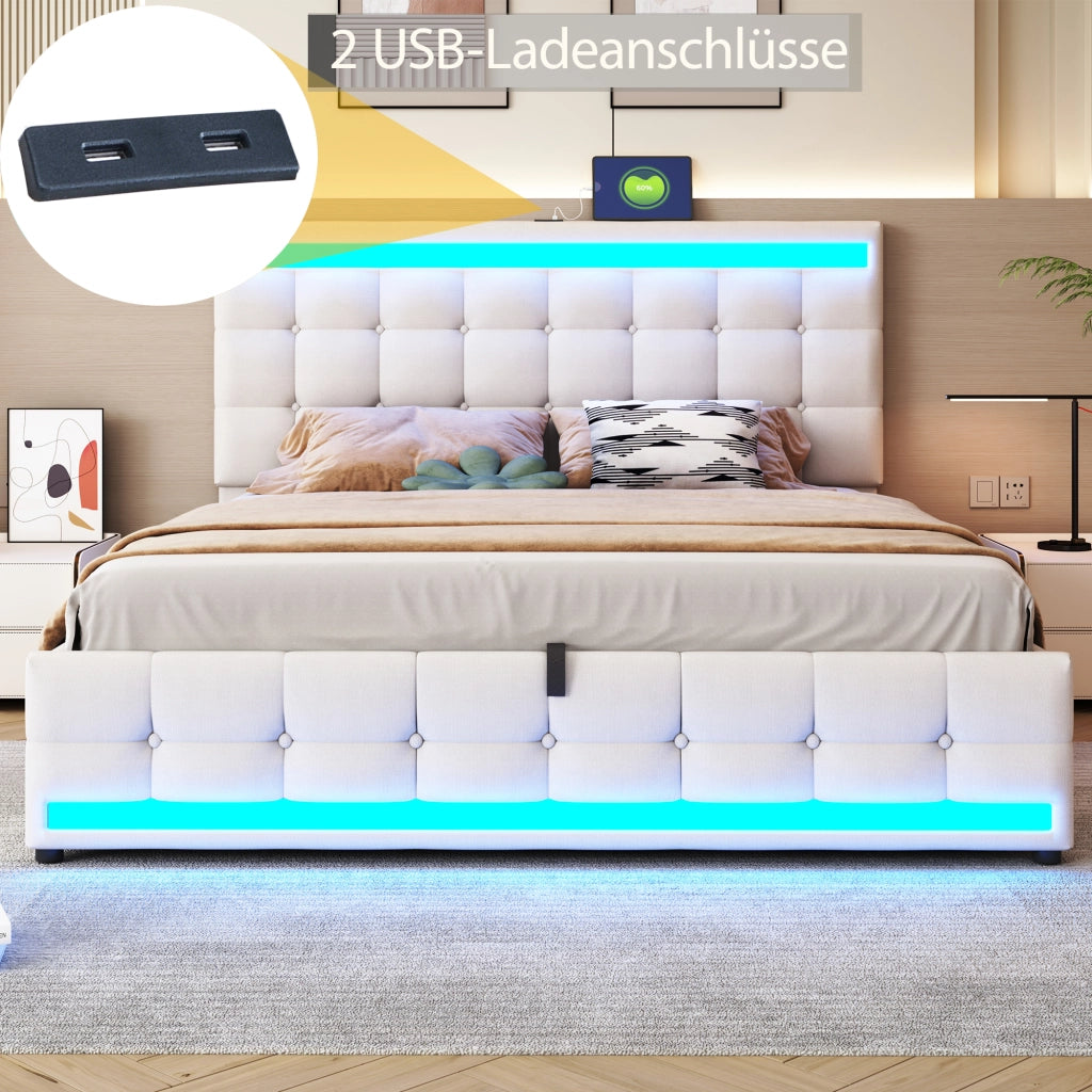 DESMIU Letto Imbottito 180 × 200 cm 2 posti con USB, LED regolabile e testiera regolabile, senza materasso, beige