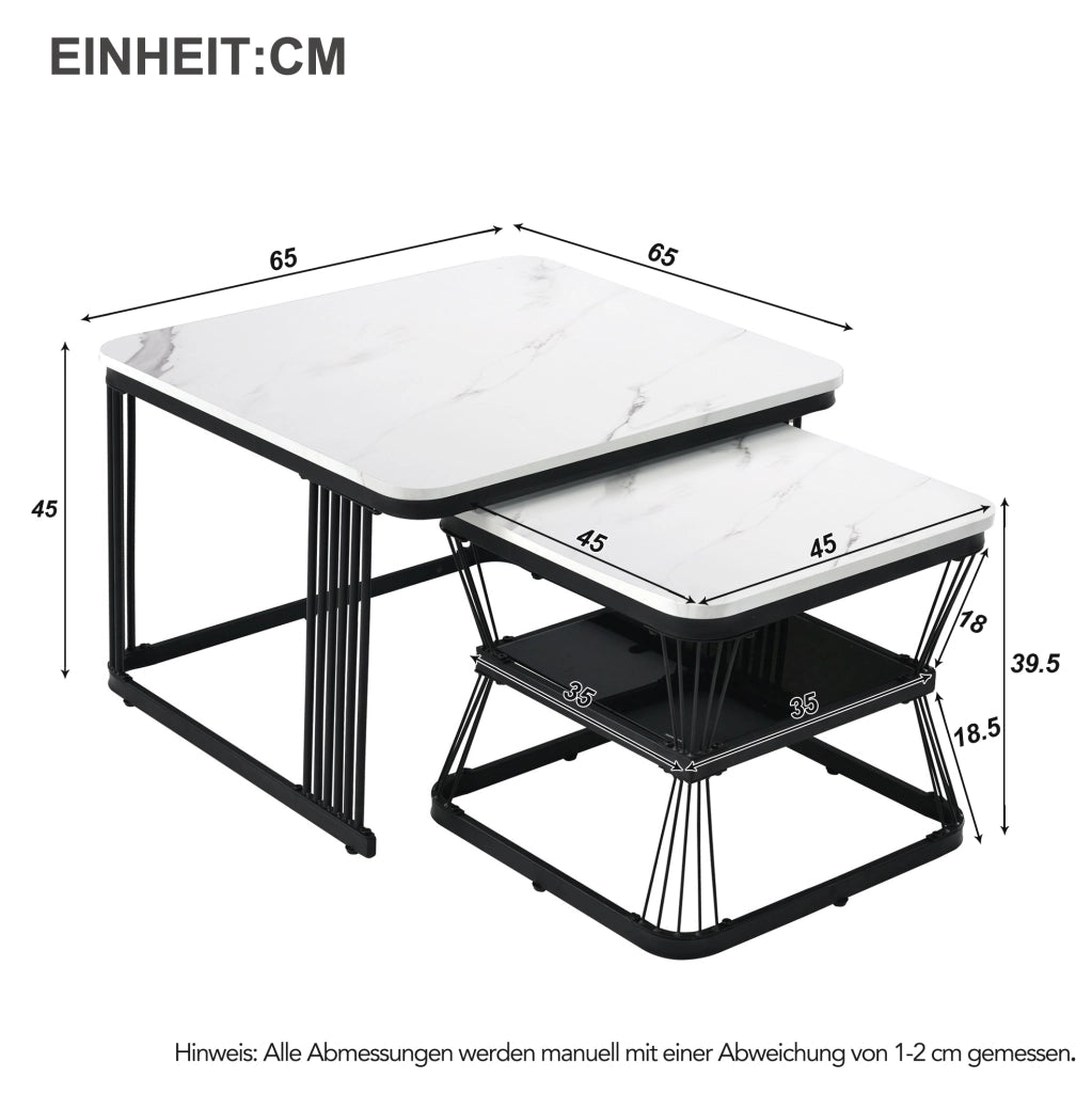 Set 2 tavolini da caffè bianchi effetto marmo con gambe nere