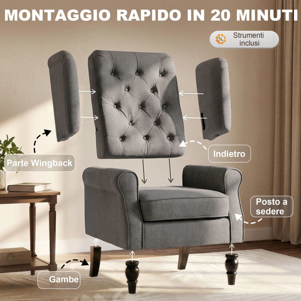 Poltrona da Salotto Stile Francese con Gambe in Legno e Cuscini Sfoderabili, 74x86x102 cm, Grigio