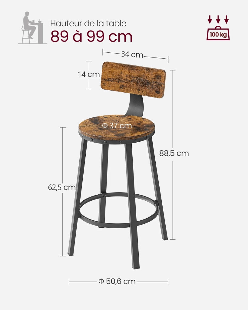 Set di 2 sgabelli da bar/sgabelli alti con schienale sedute da cucina struttura in acciaio facile da montare seduta alta 60 cm stile industriale marrone 12_0006192