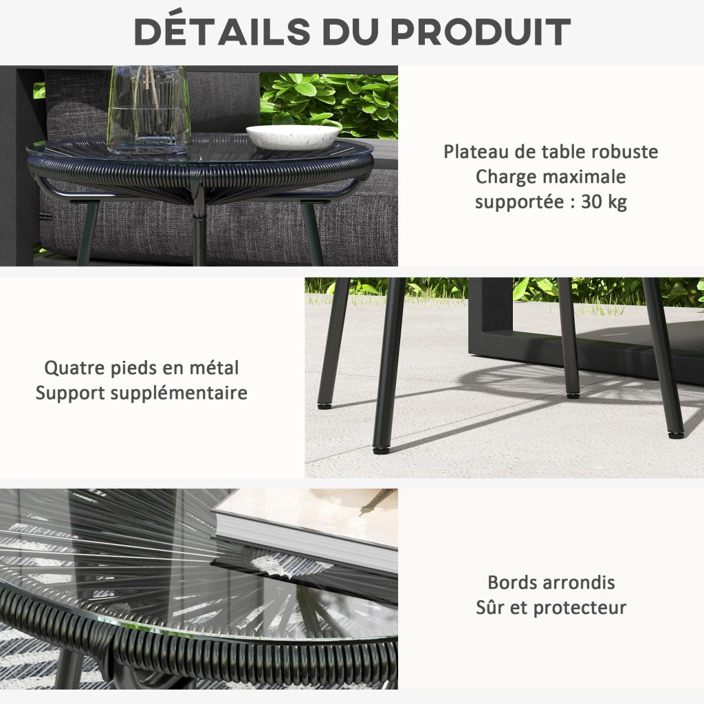 Tavolino da giardino rotondo in metallo e polyrattan con piano in vetro temperato ¨C zephmum ¨C nero ? 50x50 cm