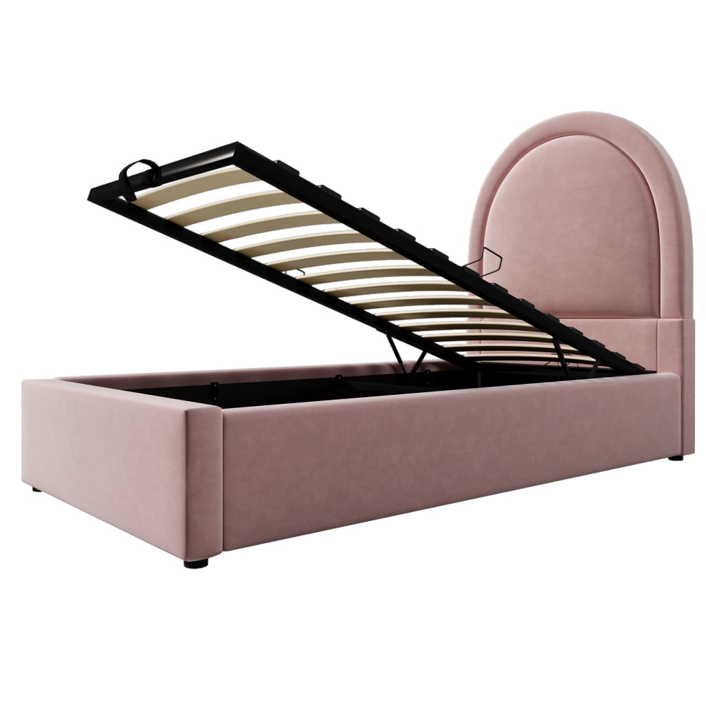 Letto imbottito singolo 90x190 cm con contenitore; velluto rosa