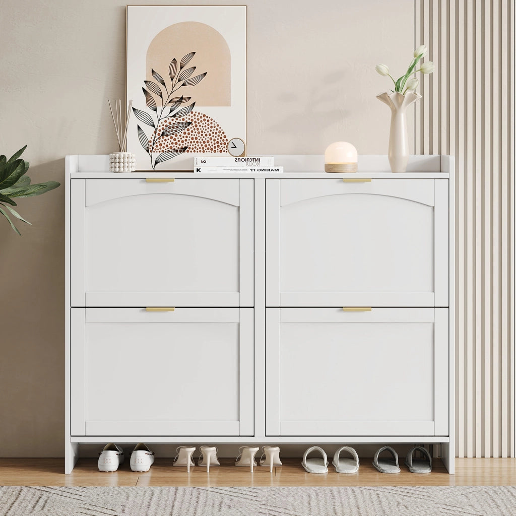 Scarpiera Moderna Bianca 110×24×90 cm con 4 Ante a Ribalta; Ripiani Aperti e Porta Scarpe da Ingresso