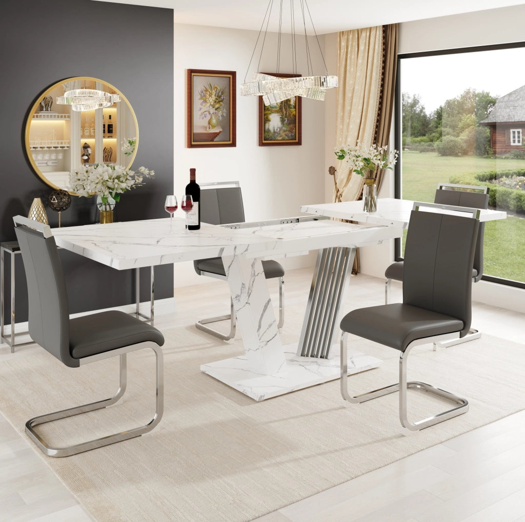 Tavolo da pranzo allungabile 120(160)x80x76 cm con piano effetto marmo; MDF e metallo bianco